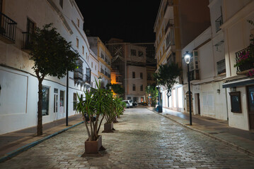 Obraz premium A narrow cobblestone street in Tarifa, Spain, is illuminated at night. Whitewashed buildings with balconies line the path, adorned with potted plants.