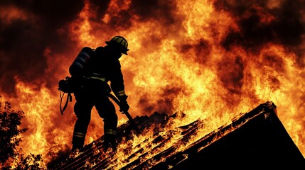 Obraz premium Firefighter silhouetted against raging inferno on burning building rooftop.