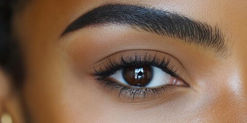 Naklejka premium Captivating close-up of a beautifully groomed eyebrow and mesmerizing brown eye in soft natural light
