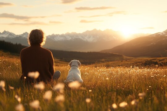 A cozy scene with a person and their loyal dog sitting in a field, watching a breathtaking sunset over the mountains, symbolizing companionship and serenity in nature.