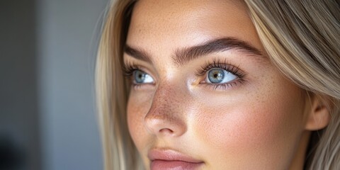 Fototapeta premium Captivating close-up portrait showcasing natural beauty and enchanting blue-green eyes with delicate features