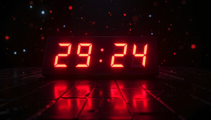 Digital timer showing 29:24 with glowing red numbers against a dark and dynamic background, time concept
