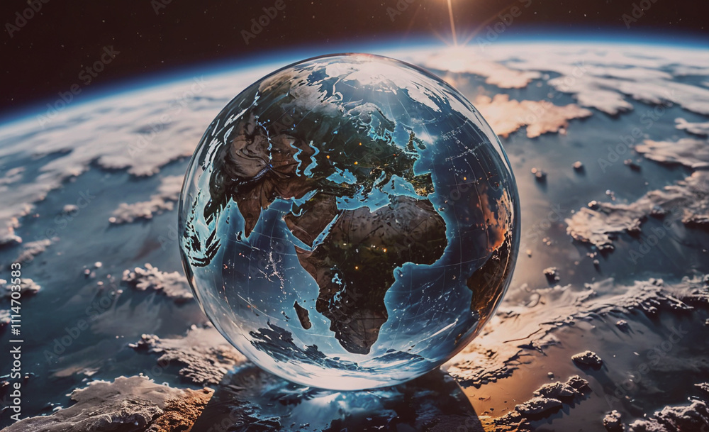 Poster Globe is floating in space. The globe is made of glass and is the size of the Earth