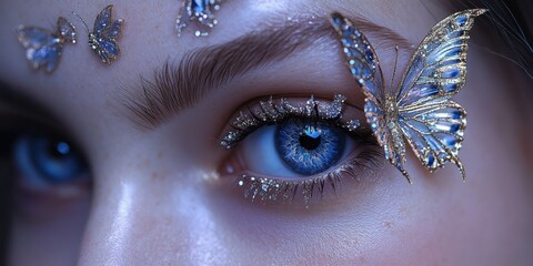 Captivating blue eyes adorned with delicate butterflies in a magical and enchanting display of beauty