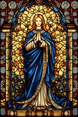 Obraz premium Serene saint with halo in vibrant stained glass window showcasing medieval craftsmanship and rich colors