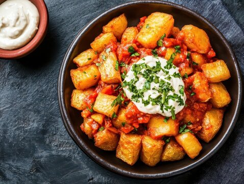 Crispy patatas bravas topped with a spicy tomato sauce and creamy aioli, vibrant Mediterranean flavor