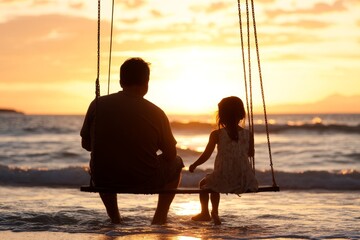 A tender moment shared by father and daughter as they sit on a swing by the ocean, watching a breathtaking sunset, reflecting familial love and peace.