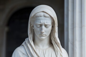 Sorrowful marble statue of a woman with a veil