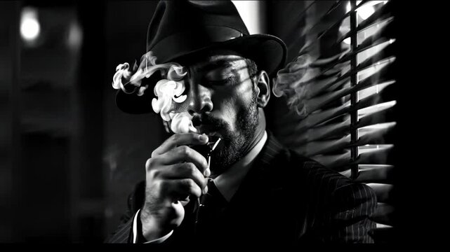 A mysterious man in a suit and fedora smokes a cigarette, evoking a retro detective or gangster vibe, in black and white.