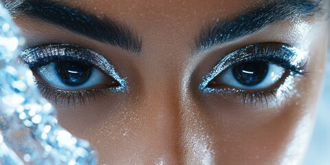 Naklejka premium Captivating close-up of sparkling eyes adorned with glittering makeup against a shimmering backdrop