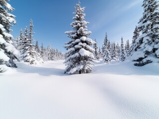Fototapeta premium Snowy winter landscape with pine trees