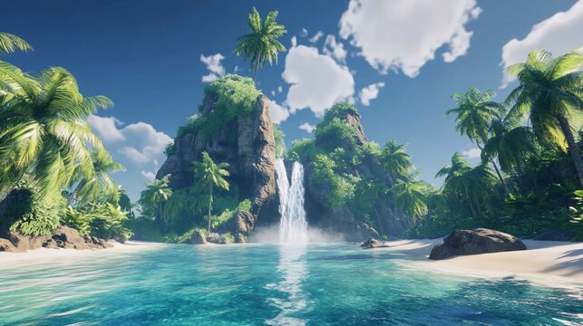 Idyllic tropical beach scene with waterfall cascading between lush green cliffs and palm trees.