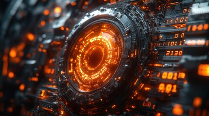 Obraz premium Detailed close-up of a computer chip on a circuit board with orange lights