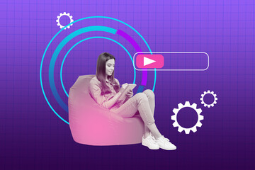 Sketch composite 3D photo collage trend artwork of workspace young lady sit beanbag write tablet...