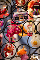 Christmas ornaments on display