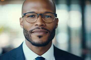 Naklejka premium A professional man in glasses, dressed in a business suit, smiling warmly at the camera with a thoughtful expression, embodying confidence and modernity.