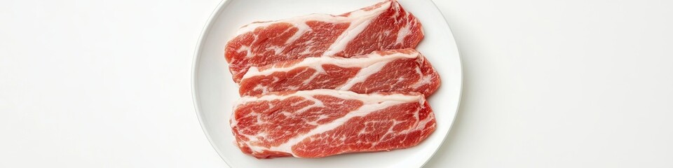 Fototapeta premium A piece of fresh raw Kurobuta pork slices with marbled texture on a white plate, isolated on a white background
