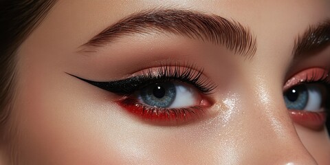 Naklejka premium Striking makeup enhances beauty with bold eyeliner and vibrant colors during a creative beauty session