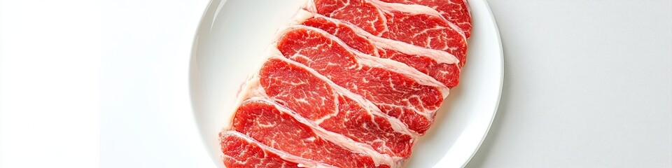 Obraz premium A piece of fresh raw Kurobuta pork slices with marbled texture on a white plate, isolated on a white background