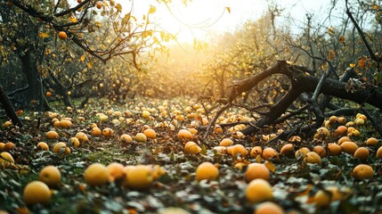 Fallen apricots covering the ground in orchard after hurricane