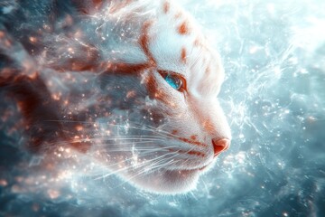 Obraz premium A close-up profile of a white cat with blue eyes amidst ethereal, magical lights and abstract swirls, evoking mystery and wonder in a fantasy-like setting.