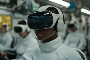 A focused individual wearing a sleek virtual reality headset, deep inside a digital world. The scene captures futuristic technology and immersive experiences.