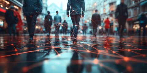 A street scene showing the movement of people, their pathways connected by red network lines, symbolizing connectivity and social interaction in a digitized world.
