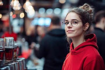 A friendly barista smiles softly, wearing a red hoodie at a bustling modern cafe, surrounded by glasses and coffee accessories, offering warm hospitality.