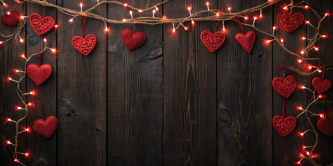 border banner of valentines decorations and fairy lights on a rustic wood background with copy space