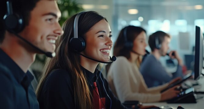 Consultant, call center and laughing with woman in office for customer service, funny or contact us. Ecommerce help desk, communication and sales with people in crm agency for billing inquiry