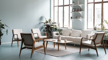 Fototapeta premium Modern living room with natural light and plants in a stylish urban apartment setting