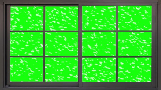 Digital animation of wooden window frame against snow falling on green screen. Perfect for your videos to put your background in it. Chrstmas and Winter concept in 4K.