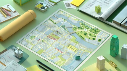 An urban planner's workspace with city maps, 3D models, and planning permit documents on a light green surface