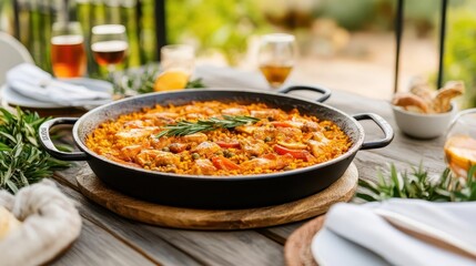 Rustic paella table setup outdoors, surrounded by friends and family enjoying the festive moment