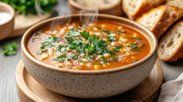 Rustic sopa served in a steaming bowl, topped with fresh herbs and a side of crusty bread