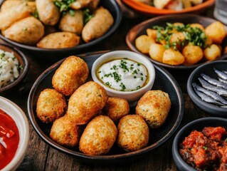 Traditional tapas spread featuring croquetas, anchovies, and patatas bravas, beautifully arranged