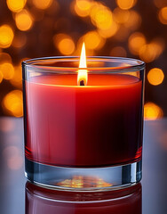 A serene close-up of a flickering red candle in a glass holder, perfect for creating a romantic atmosphere during cozy indoor evenings or special events.