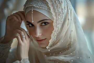 Woman adjusting hijab, embroidery, pearls, mirror, soft lighting - fashion blog or cultural fashion feature