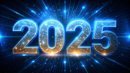 Date 2025 in shining rays on blue background, new year 2025