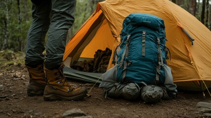 Hiking Gear Near Tent in Outdoor Wilderness