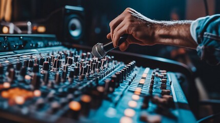 Close-up of a hand adjusting a microphone near a sound mixing console in a recording studio.