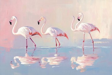 Fototapeta premium illustration Flamingos in soft pink tones walking along the water's edge