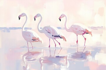 Obraz premium illustration Flamingos in soft pink tones walking along the water's edge