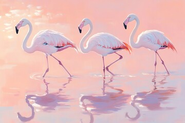 Obraz premium illustration Flamingos in soft pink tones walking along the water's edge