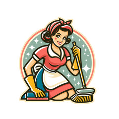  Cleaning Woman with Mop and Scrubbing Brush. Retro Cleaning Lady Illustration - Isolated Vector Illustration