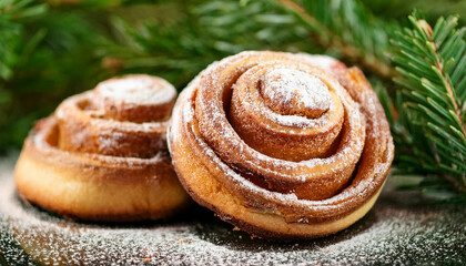 Fototapeta premium Cinnamon buns with powdered sugar. Tasty food. Fresh bakery. Fir branches on backdrop.