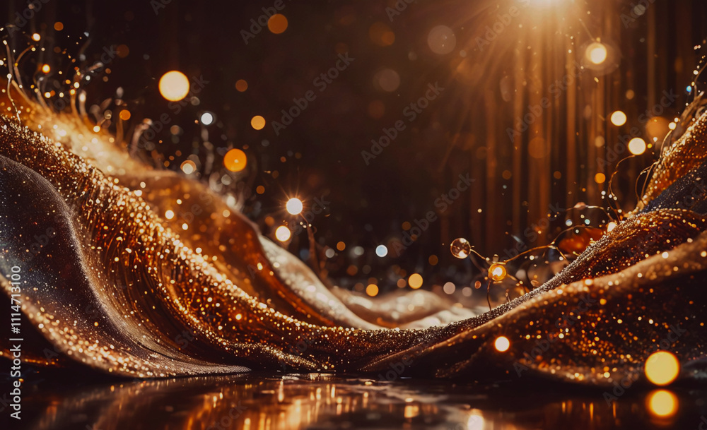 Poster gold and black fabric with a shiny, sparkly appearance. the fabric is draped over a surface and has 