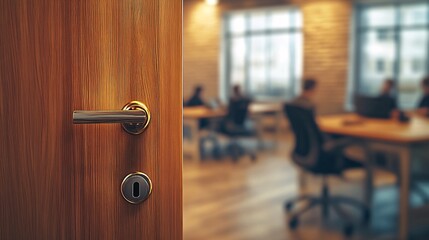 Obraz premium A bright, modern office with open wooden doors. People are focused on their work at neat desks. A smart lock adds a touch of high-tech convenience.