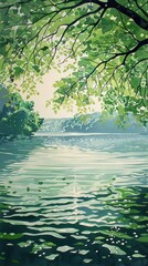 Serene and picturesque lakeside landscape with a calm mirror like surface reflecting the surrounding lush green foliage and sunlight filtering through the trees  A peaceful