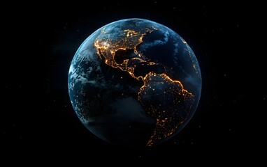 Fototapeta premium Stunning view of Earth at night, showcasing the intricate network of city lights across the continents. A mesmerizing display of humanity's footprint on our planet.